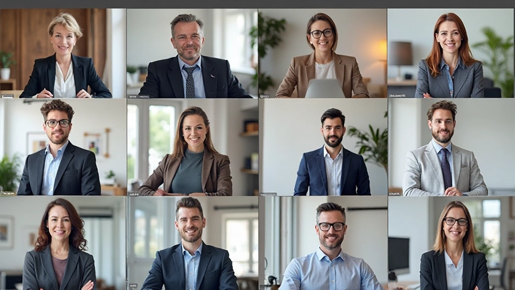 Professionele foto van diverse groep mensen, zichtbaar op videoconferentie-grid, allemaal goed verlicht, neutrale achtergronden, professionele kledij, engaged uitdrukking