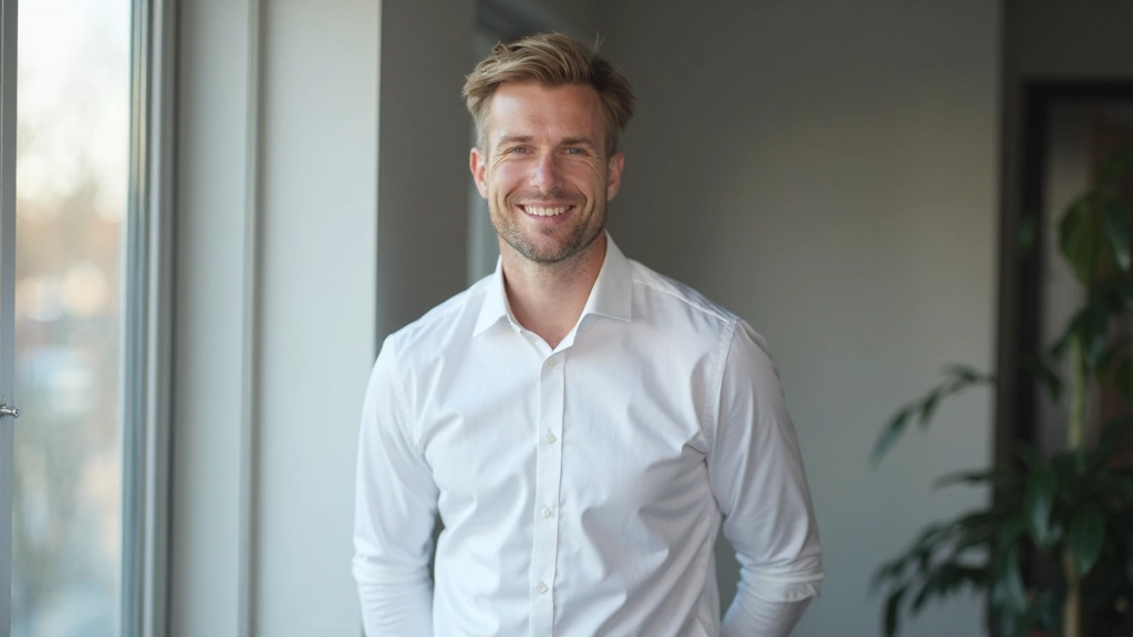 Professionele foto van realistische man van 40 jaar, volledig gekleed in zakelijk casual (wit overhemd, geen stropdas), staat in modern kantoor bij raam, glimlacht naar camera, portret vanaf borst, natuurlijke verlichting van buiten, onscherpe achtergrond, GEEN tekst, GEEN watermerken