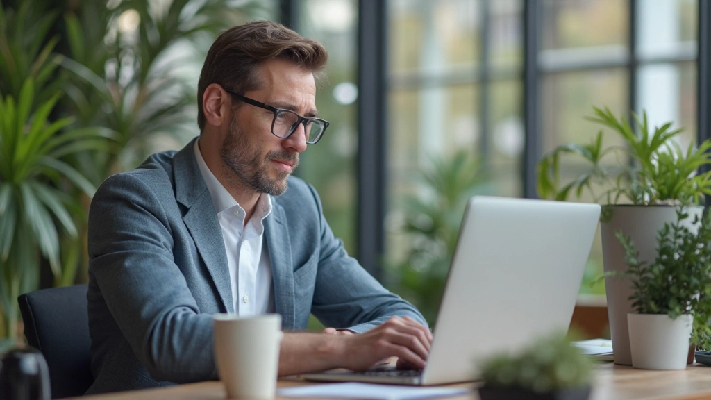 Man in kantoor die ontspannen aan zijn bureau zit met computer, video-oproepinterface zichtbaar, professionele kleding, heldere werkplek met planten