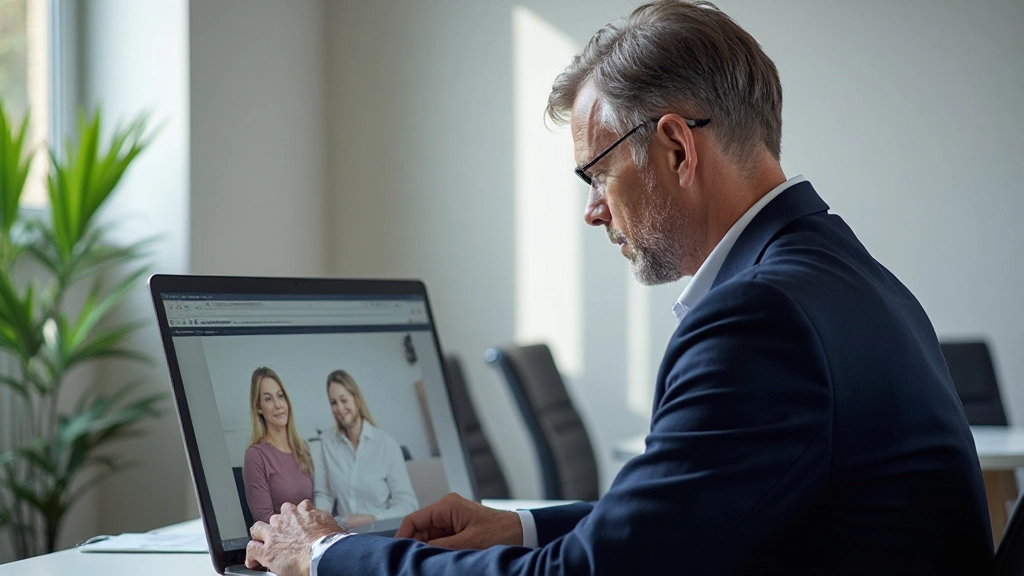 Twee zakenmensen in videobelle gesprek op laptop, beide in professionele kledij, modern kantoor interieur, vriendelijke en open lichaamstaal