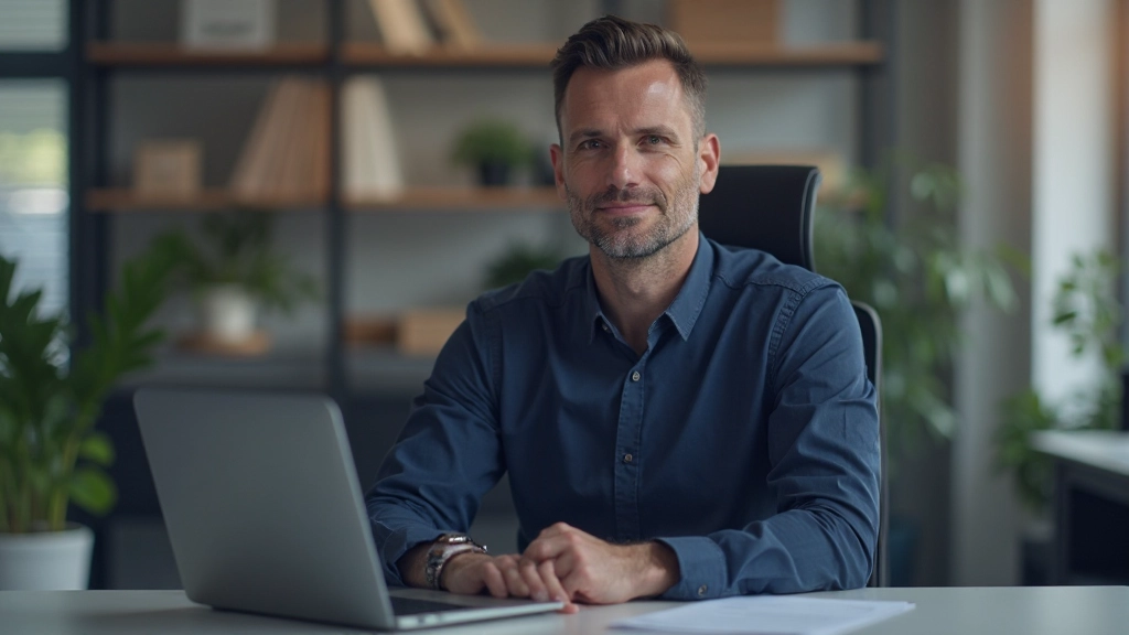 Professionele foto van man in donkerblauw overhemd, zit rechtop achter schoon bureau, kunstmatige achtergrond van kantoor, zachte verlichting, geen tekst, geen watermerken
