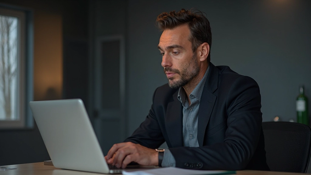 Man staar naar laptop scherm met gefrustreerde uitdrukking, veel notificaties en berichten zichtbaar, professionele donkere werkplek