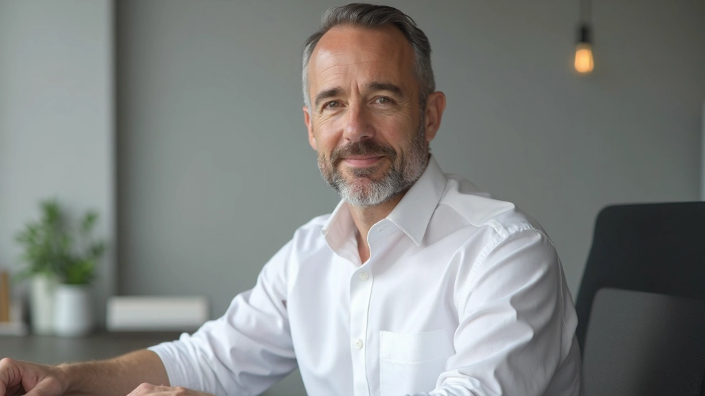 Professionele foto van man in wit overhemd in schoon kantooromgeving, zit rechtop, neutrale grijze muur achter hem, goed georganiseerd bureau zichtbaar, minimalistisch decor, zacht licht