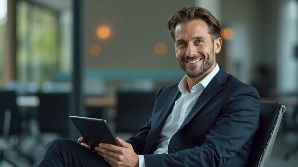 Man in donker pak zittend in fauteuil met tablet, glimlacht zelfverzekerd naar camera, professionele bedrijfsomgeving op achtergrond