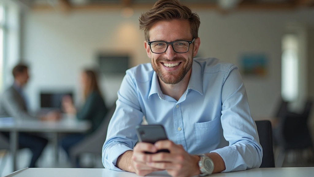 Man die aan tafel zit met smartphone in hand, glimlacht naar camera, casual werkkleding, moderne kantoorruimte op achtergrond