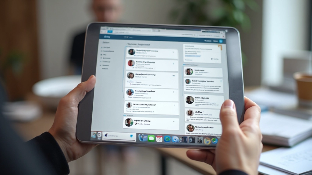 Close-up van LinkedIn-profiel op tabletscherm met verschillende profielfoto's en netwerkverbindingen zichtbaar, minimalistisch design