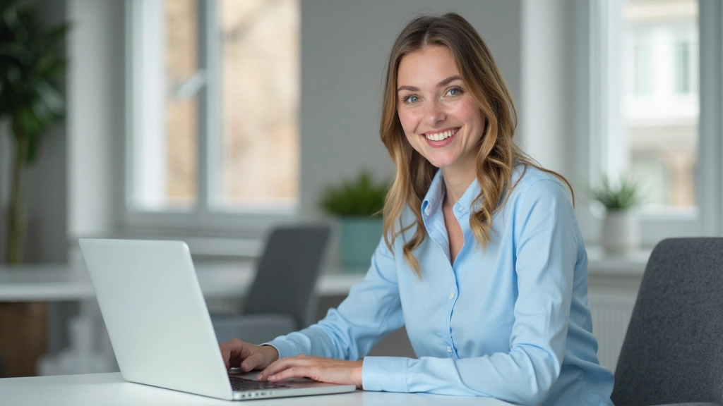 Professionele foto van realistische vrouw van 28 jaar, volledig gekleed in lichtblauw overhemd, zit aan modern bureau met laptop, portretfoto vanaf borst, zelfverzekerde glimlach, heldere kantoorruimte, natuurlijke verlichting, onscherpe achtergrond, GEEN tekst, GEEN watermerken