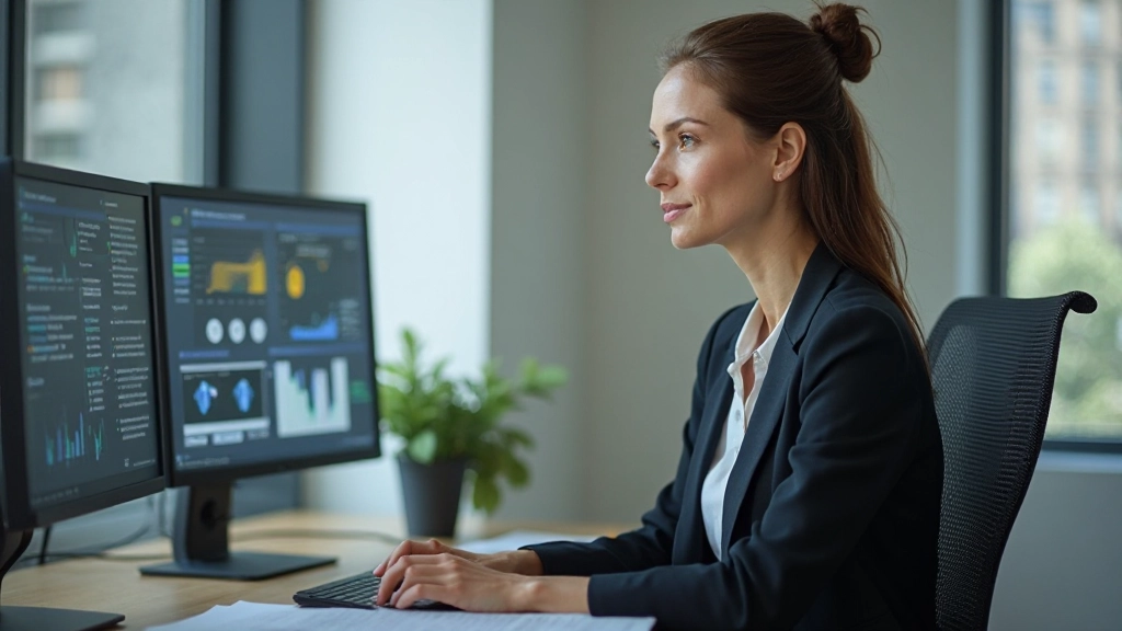 Vrouw aan bureau met twee schermen, analyseert LinkedIn analytics dashboard met grafieken en engagement metrics, gefocust en professioneel