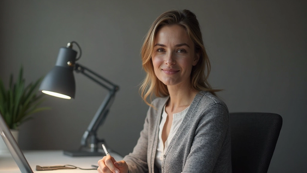 Professionele foto van vrouw op middelbare leeftijd in grijze trui, zit achter bureau met bureaulamp aan, gezicht goed verlicht, neutrale achtergrond, directe oogcontact met camera, natuurlijke houding