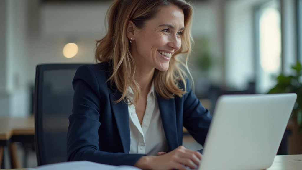 Twee collega's in videogesprek op laptopscherm, formele werkkleding, vriendelijk professionele uitdrukking, goed verlichte kantooromgeving