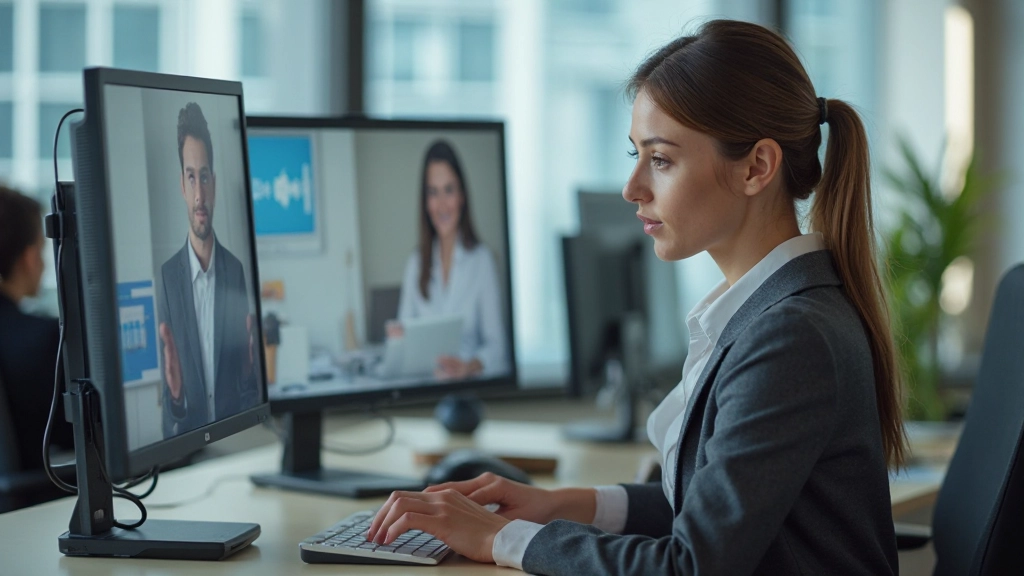Vrouw die achter dubbel scherm zit op kantoor, doet videoconferentie met collega's, professioneel uiterlijk, schermen tonen videooproepinterface