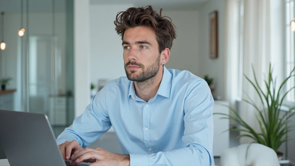Jonge professional aan moderne werkplek met laptop en notitieboek, schrijft professionele e-mail, natuurlijke verlichting, schoon bureauoppervlak